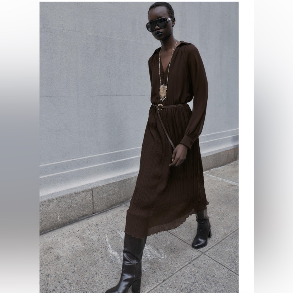 Zara Dark Brown Pleated Maxi Dress with Belt